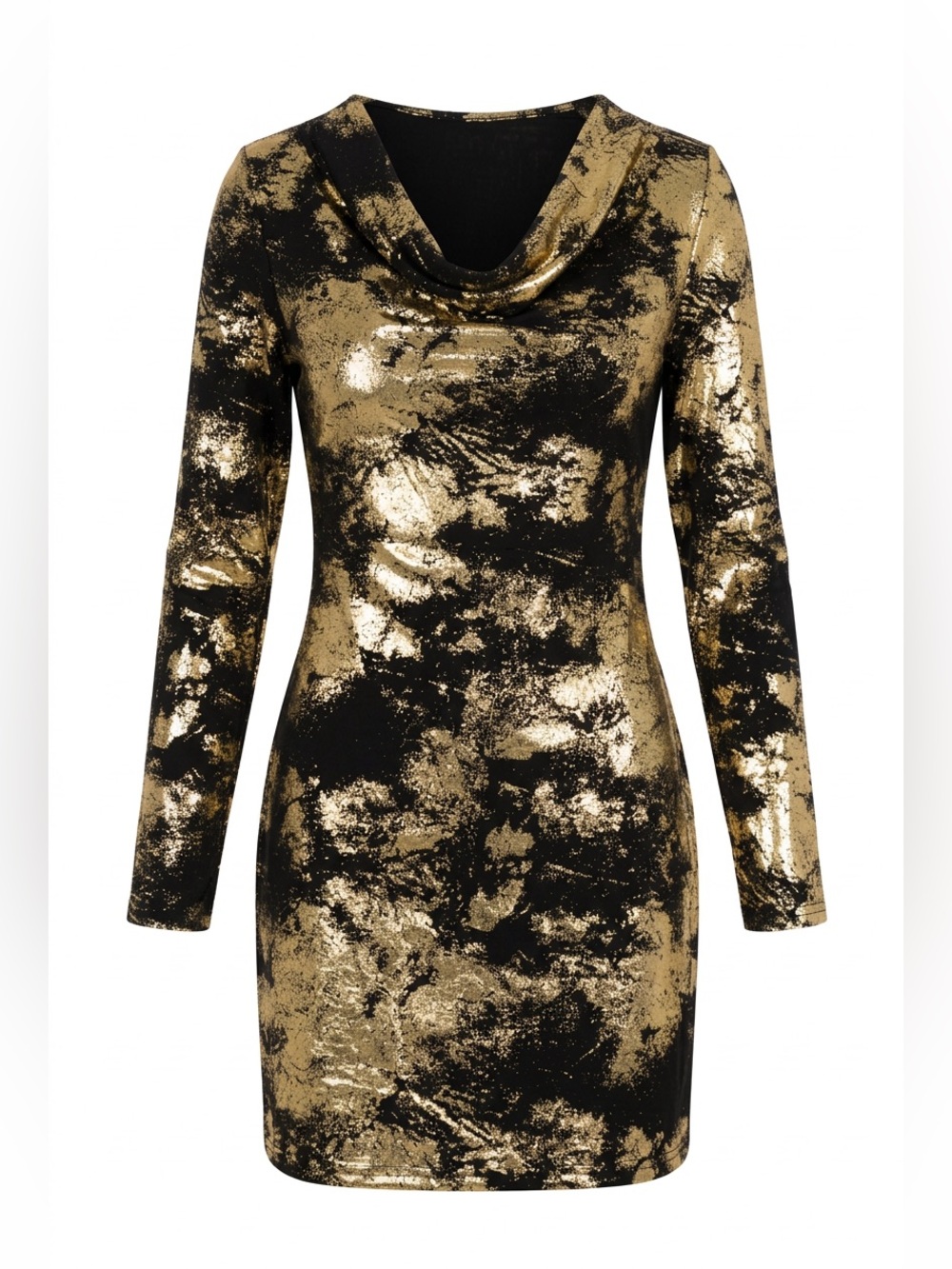 Women’s Bodycone Dress Metallic Gold & Black Long Sleeve Cowl Neck Dress Size M